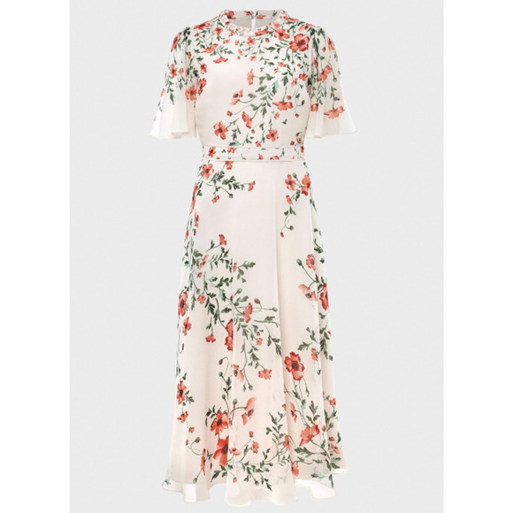 Hobbs Gianna Silk Dress Flutter Sleeve Midi Cream Red Floral NWT - Picture 2 of 10